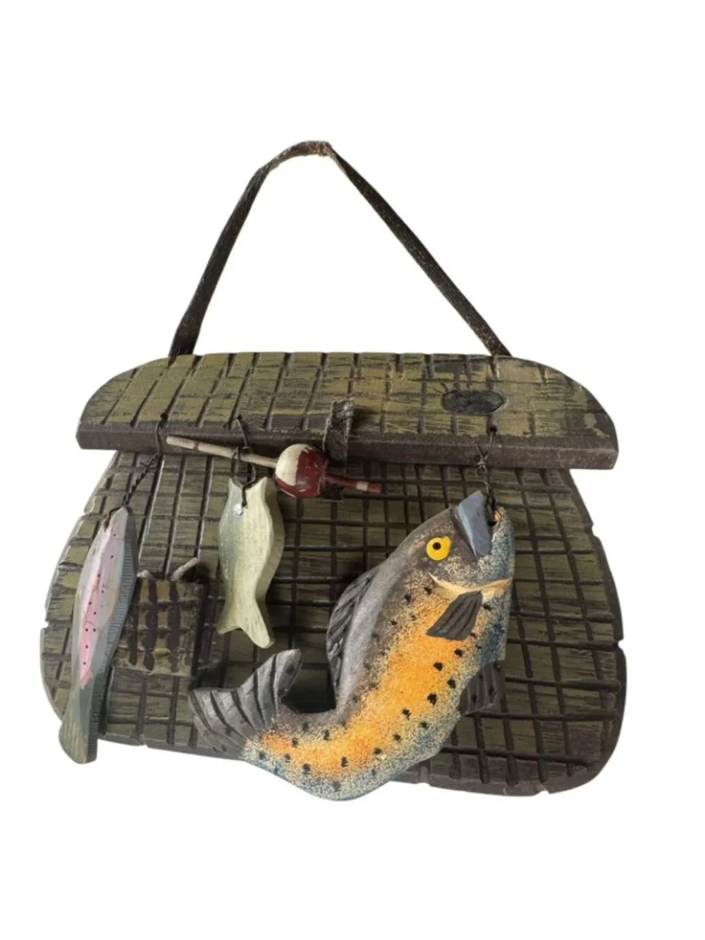 Vintage Fishing Basket Wall Decor With Fish & Tackle Accents Rustic Cabin Style